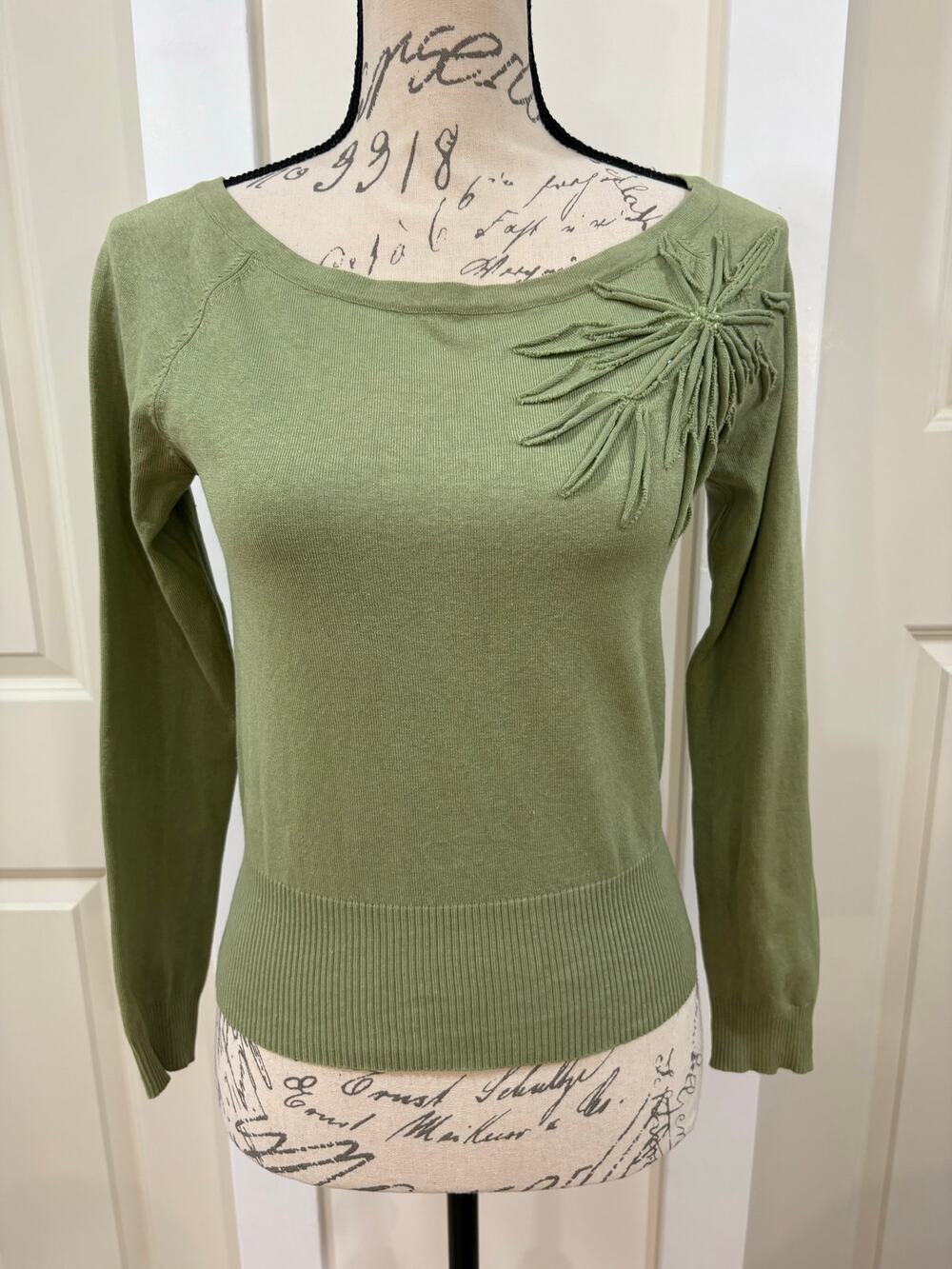 Rena Rowan Silk Blend Green Long Sleeve Boat Neck Y2K Blouse Top Size Small